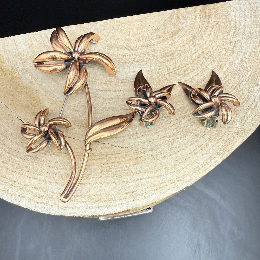Vintage Renoir Copper Floral Brooch & Clip-On Earrings Set Mid Century Modern